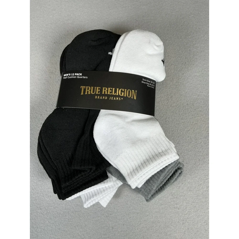 True Religion Mens 12 Pack Quarter Socks Cushioned Black White Gray 10-13‎